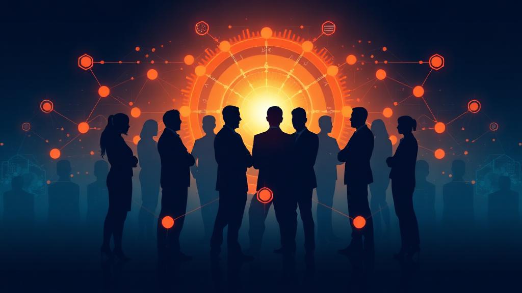 Business team collaborating with AI interface