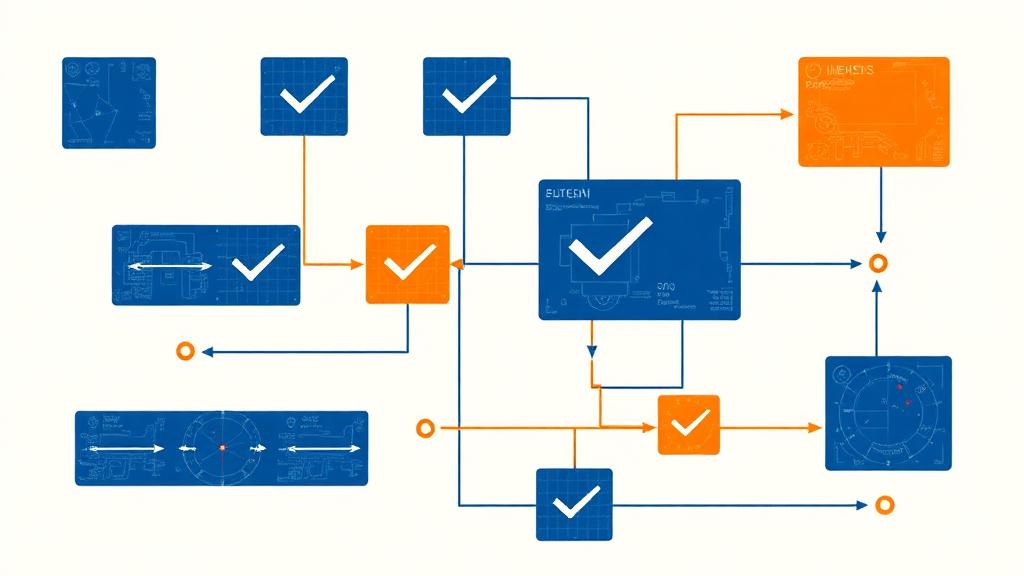 Abstract blueprint planning visual with flowcharts and checkmarks