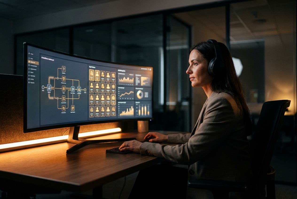 Operations manager reviewing an AI workforce operations dashboard with pipeline stages, agent status tiles and KPI charts