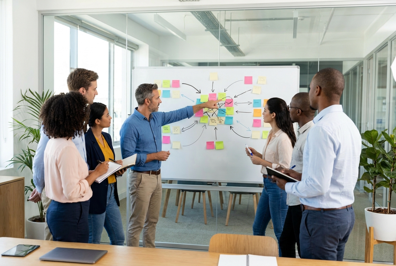 Executive team mapping a business process on a whiteboard with sticky notes while a consultant points to a bottleneck