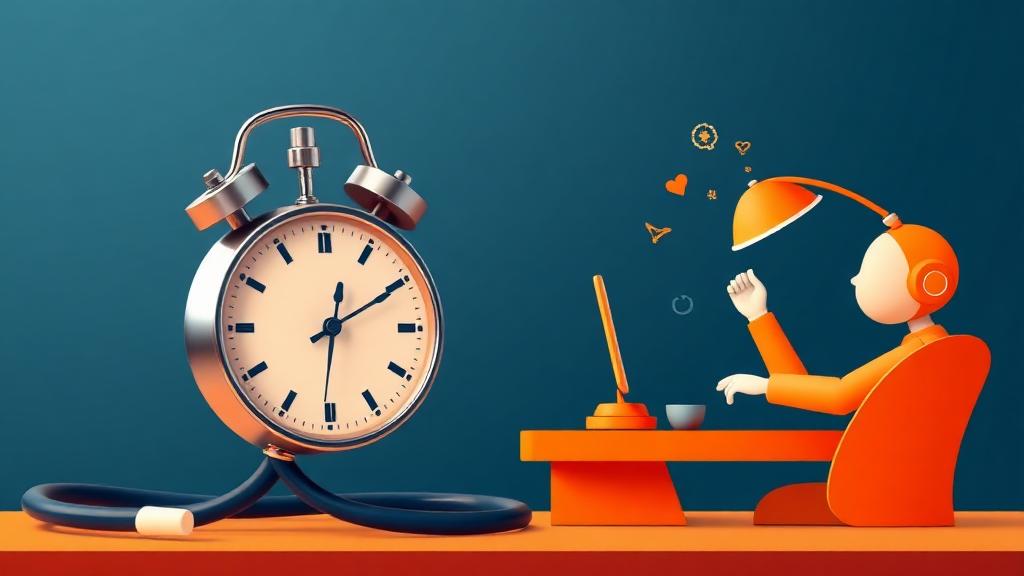Healthcare practice challenges visualization with clock and overwhelmed desk